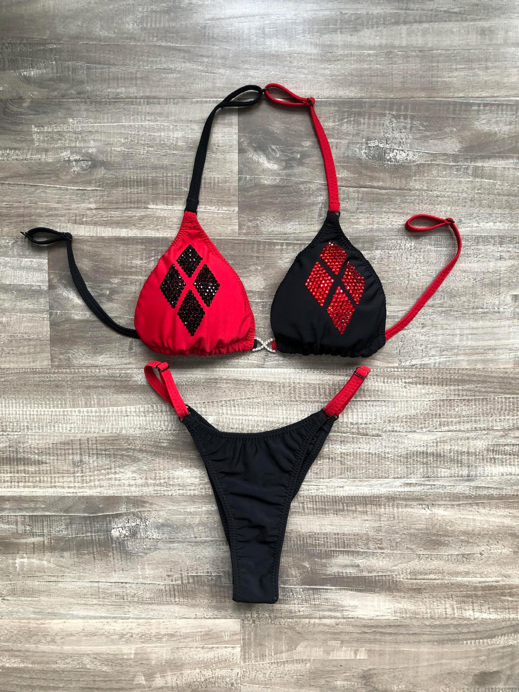Practice Posing Suit - Harley Quinn Matte Red & Black With Bling