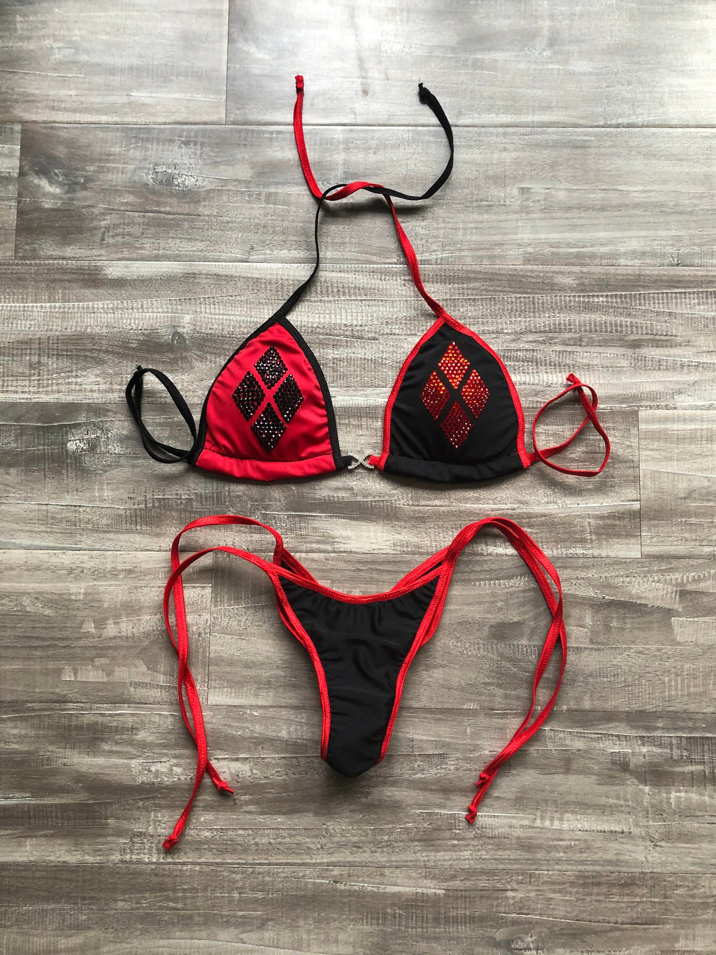 Practice Posing Suit - Harley Quinn Matte Red & Black With Bling