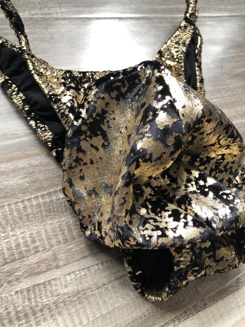 Custom Men's Bodybuilding Competition Trunks - Gold Black Distressed Velvet